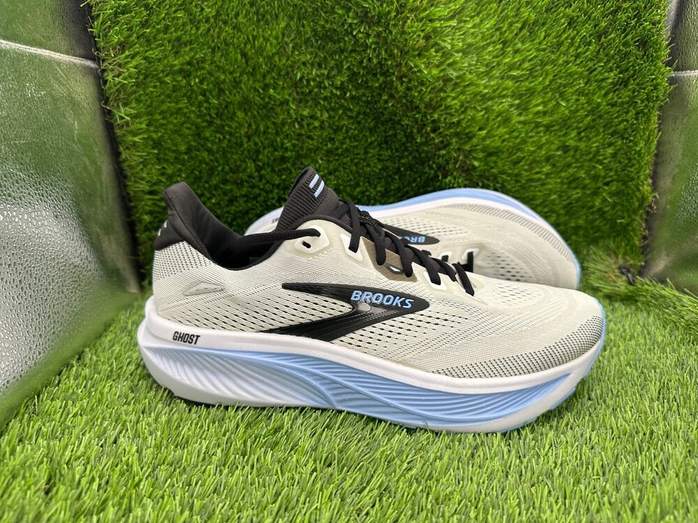 Brooks Ghost Running Sneakers in Off-White, Black, and Light Blue